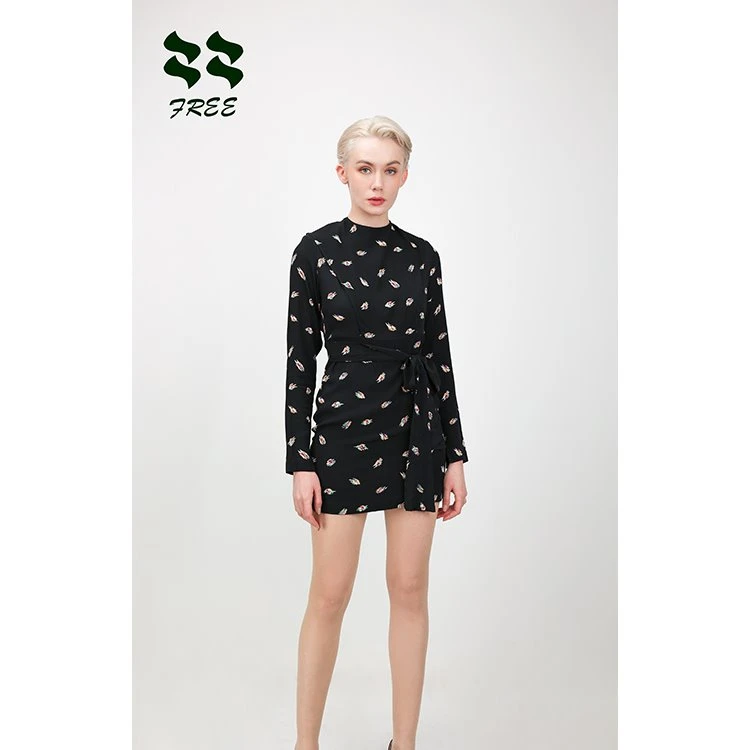 Long Sleeve High Neck Slit Dress Tie Waist